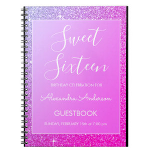 Pink and Purple Sparkle Glitter Sweet 16 Guestbook Notebook