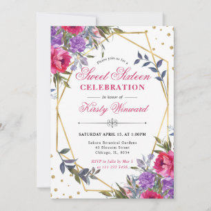Pink and Purple Spring Flowers Frame Sweet 16 Invitation