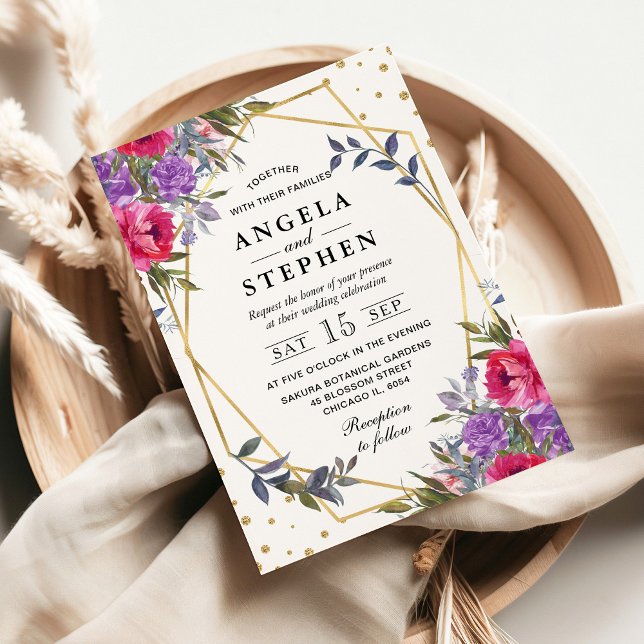 Pink and Purple Spring Flowers Gold Frame Wedding Invitation (Creator Uploaded)