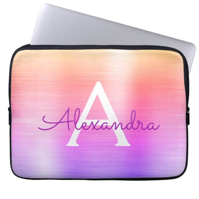 Pink and Purple Stainless Steel Monogram Laptop Sleeve (Front)