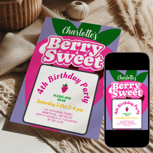 Pink and Purple Strawberry Berry Sweet Birthday Invitation