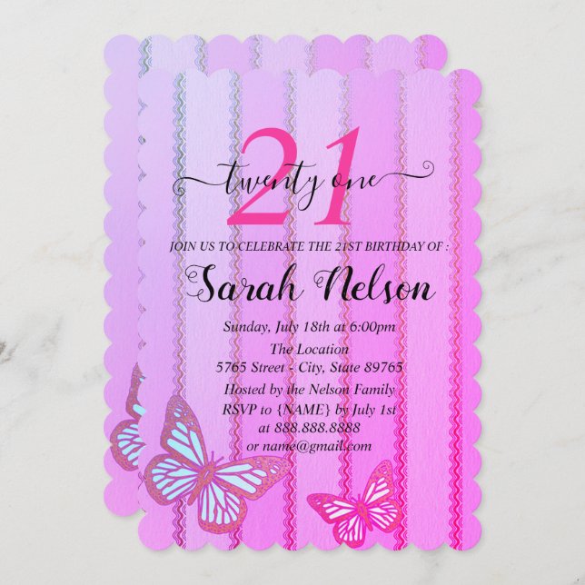 Pink and Purple Stripes and Buterfly Invitation (Front/Back)