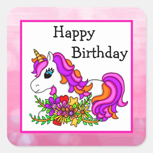 Pink and Purple Unicorn and Flowers Birthday Squar Square Sticker (Front)