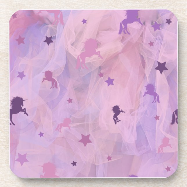 pink and purple unicorn and star design- girls squ coaster (Front)