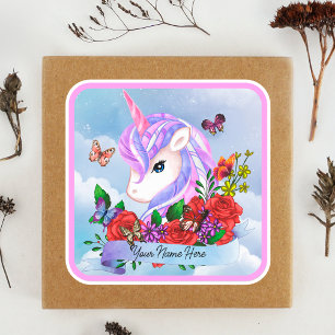 Pink and purple unicorn with red roses  square sticker