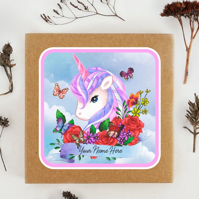 Pink and purple unicorn with red roses  square sticker (Creator Uploaded)