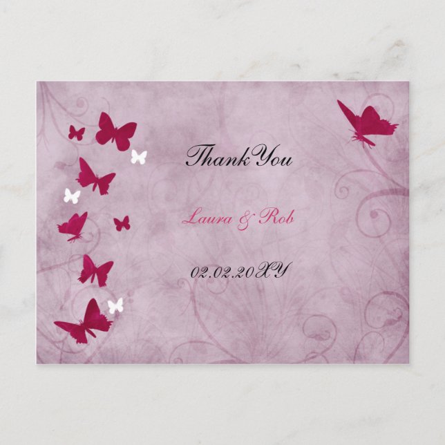 pink and purple vintage butterfly Thank You Postcard (Front)