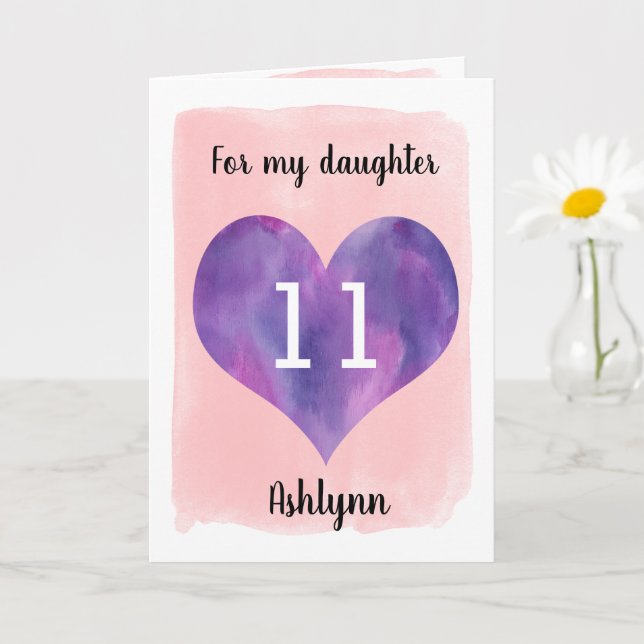 Pink and Purple Watercolor 11th Birthday Daughter Card (Small Plant)