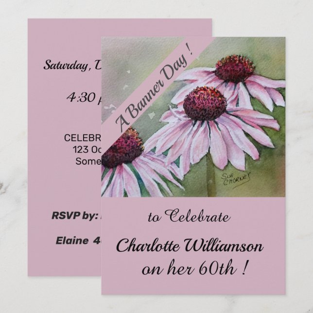 Pink and Purple Watercolor Birthday Floral Invitation (Front/Back)