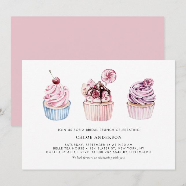 Pink and Purple Watercolor Cupcakes Bridal Brunch Invitation (Front/Back)