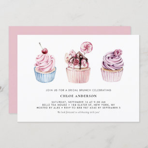 Pink and Purple Watercolor Cupcakes Bridal Brunch Invitation