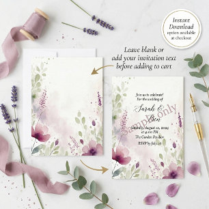 Pink and purple watercolor floral blank Wedding Invitation