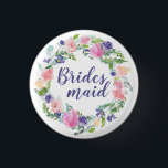 Pink and Purple Watercolor Floral  Bridesmaid 3 Cm Round Badge<br><div class="desc">A very pretty pink and purple wreath with lots of greenery frames the word Bridesmaid. Bridesmaid is written in a beautiful purple script font.</div>
