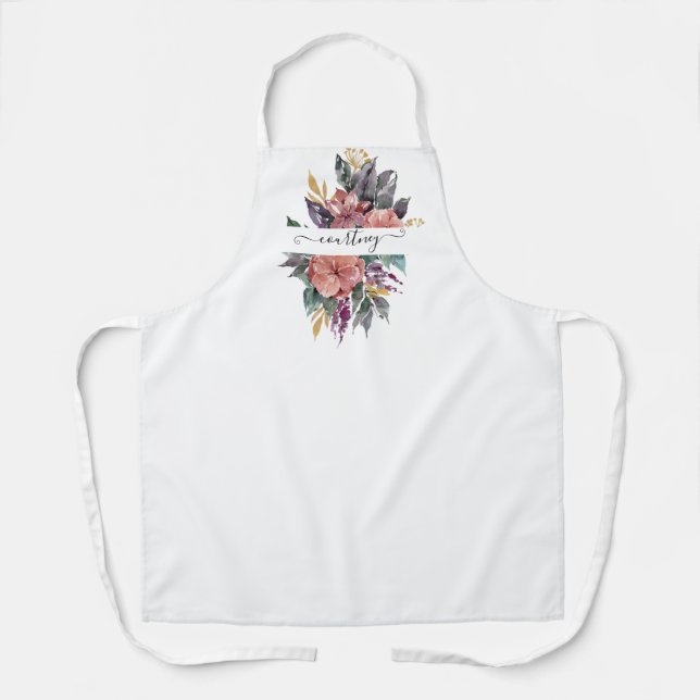 Pink and purple watercolor floral personalised apron (Front)
