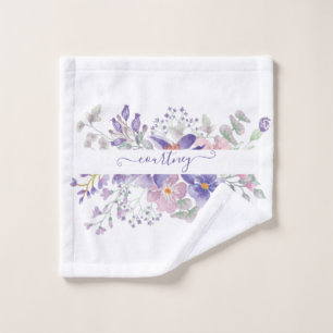 Pink and purple watercolor floral personalised bath towel set