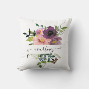 Pink and purple watercolor floral personalised cushion