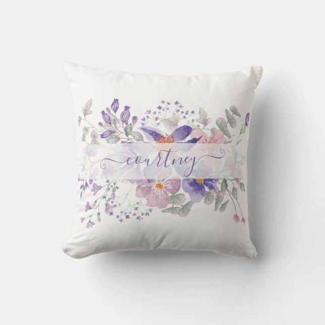 Pink and purple watercolor floral personalised  cushion (Front)