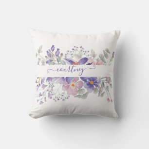 Pink and purple watercolor floral personalised cushion
