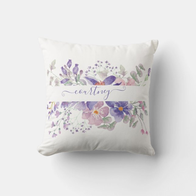 Pink and purple watercolor floral personalised  cushion (Front)