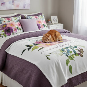 Pink and purple watercolor floral personalised  fleece blanket
