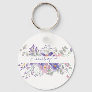 Pink and purple watercolor floral personalised key ring