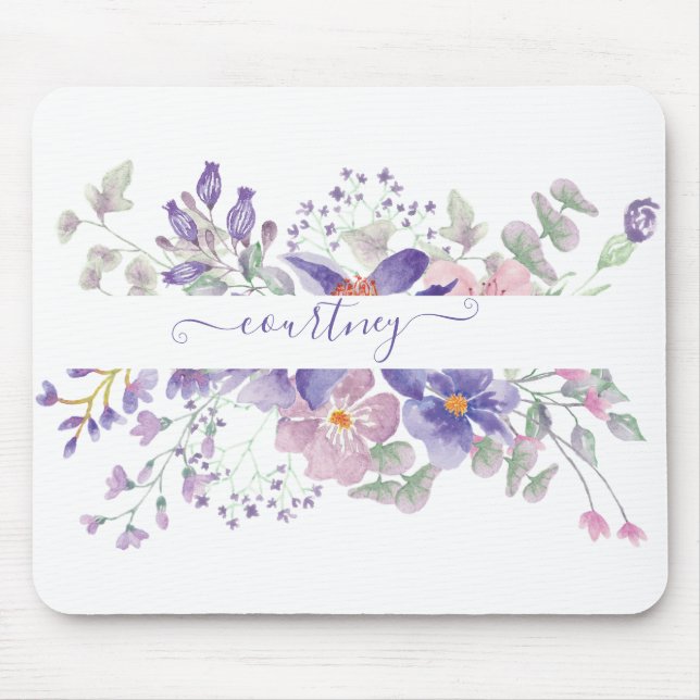 Pink and purple watercolor floral personalised   mouse pad (Front)