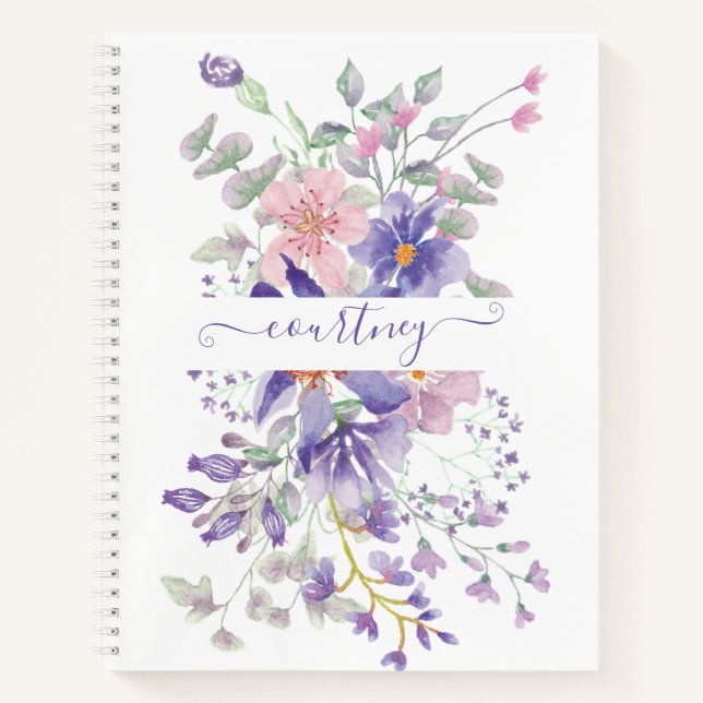 Pink and purple watercolor floral personalised   notebook (Front)