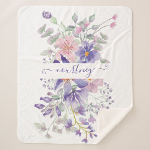 Pink and purple watercolor floral personalised sherpa blanket