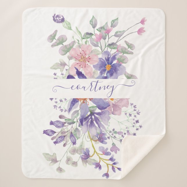 Pink and purple watercolor floral personalised   sherpa blanket (Front)