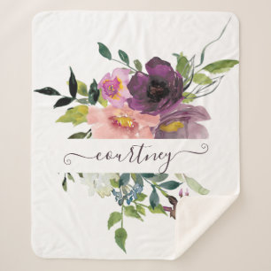 Pink and purple watercolor floral personalised  sherpa blanket