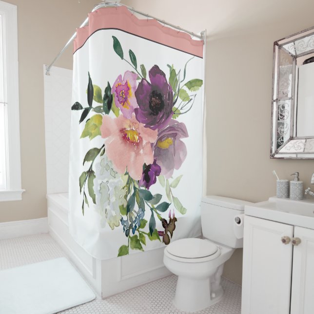 Pink and purple watercolor floral shower curtain (In Situ)