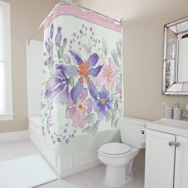 Pink and purple watercolor floral shower curtain (In Situ)