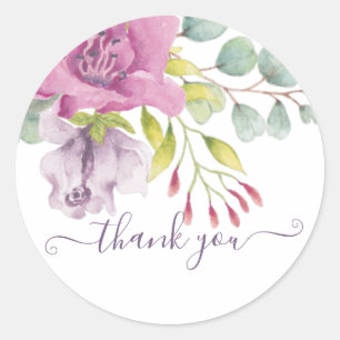 Pink and purple Watercolor floral thank you Classic Round Sticker