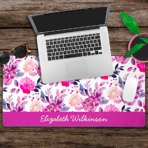 Pink and purple watercolor flowers feminine name desk mat