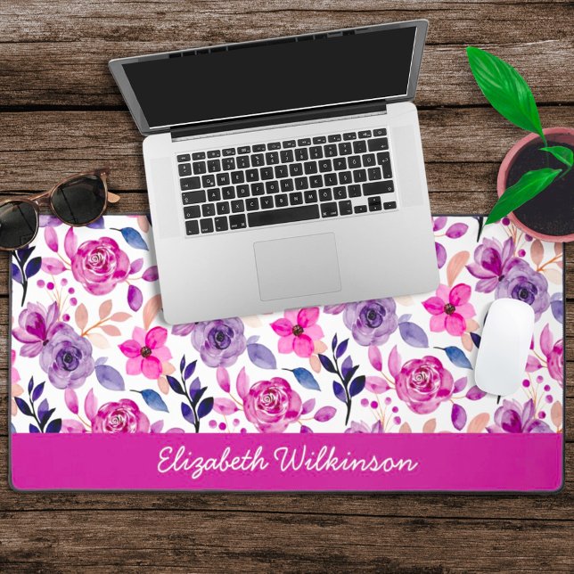 Pink and purple watercolor flowers feminine name desk mat (Creator Uploaded)