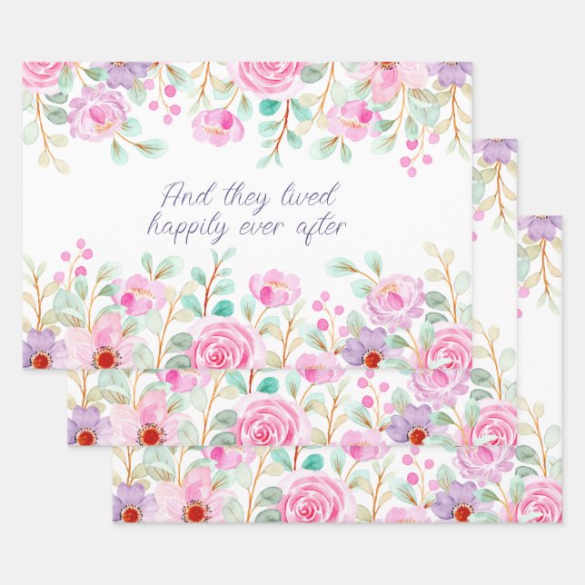 Pink and Purple Watercolor Flowers Frame  Wrapping Paper Sheet (Set)