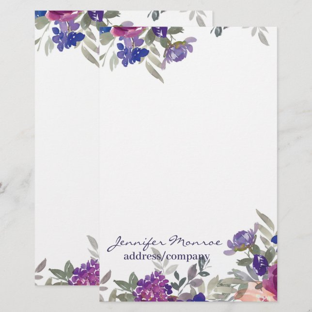 Pink and purple watercolor flowers personalised stationery (Front/Back)