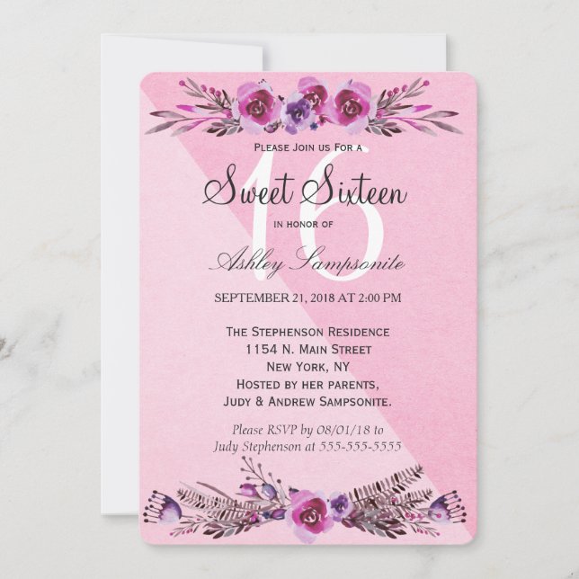 Pink and Purple Watercolor Flowers Sweet 16 Invite (Front)