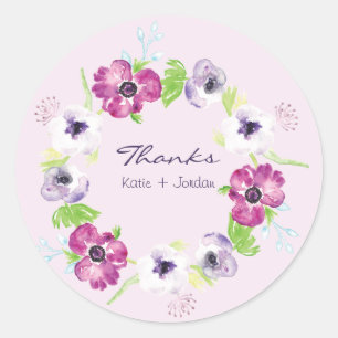 Pink and Purple Watercolor Flowers Wedding Thanks Classic Round Sticker