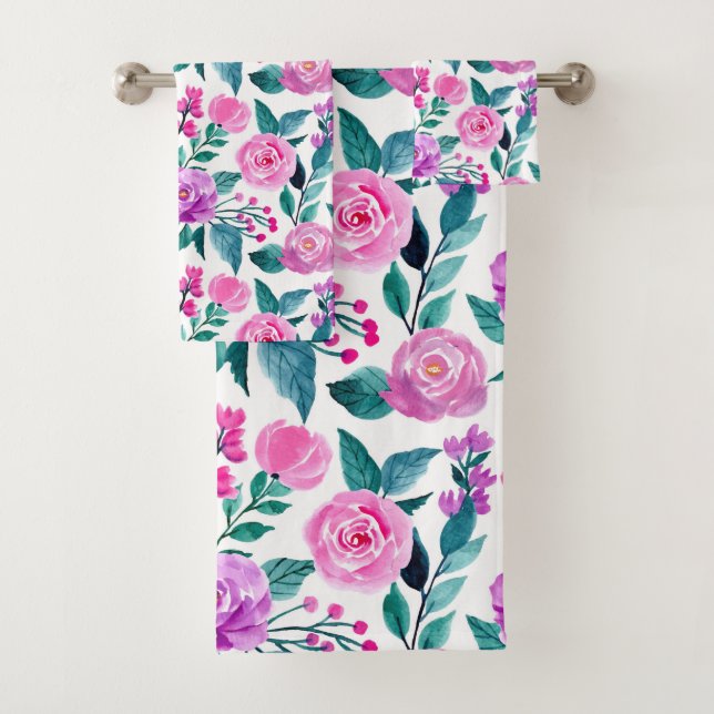 Pink and purple watercolor rose bath towel set (Insitu)