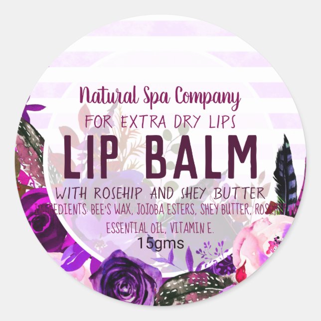 Pink and Purple Watercolor Roses Lip Balm Label (Front)
