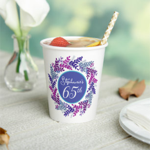 Pink and Purple Wreath Circle 65th Birthday Paper Cups