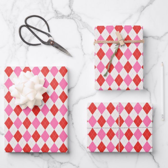 Pink and Red Argyle Christmas Wrapping Paper Sheet (Front)