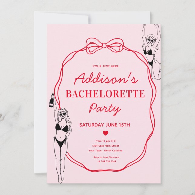 Pink and Red Bow Bachelorette Party Invitation (Front)