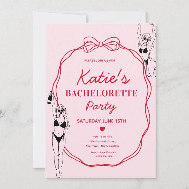 Pink and Red Bow Bachelorette Party Invitation (Front)