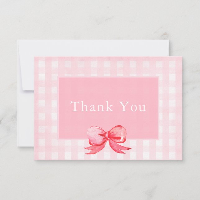 Pink and Red Bow Gingham Thank You Card (Front)
