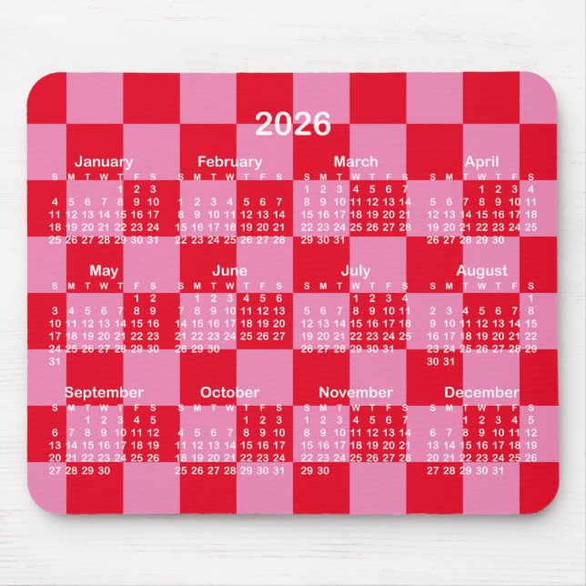 Pink and Red Checkerboard 2026 Calendar Mouse Pad (Front)