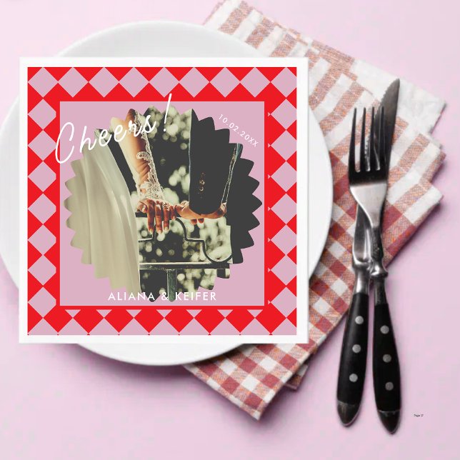 Pink and Red Cheers Retro Wedding Photo Napkin (Creator Uploaded)