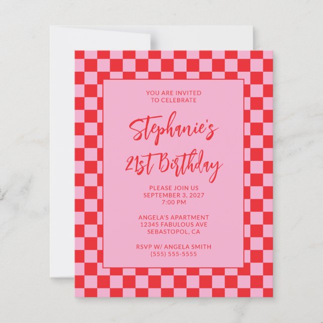 Pink and Red Chequered Bold 21st Birthday (Front)