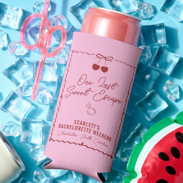 Pink and Red Cherry Bachelorette Weekend Mini Seltzer Can Cooler (One Last Sweet Escape can cooler, bachelorette, party favors, red, pink, cherry, bow, personalized)
